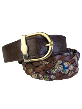 Braided Leather Belt with Metallic Woven Detail Boho Western | Waist 34.5"–38.5"